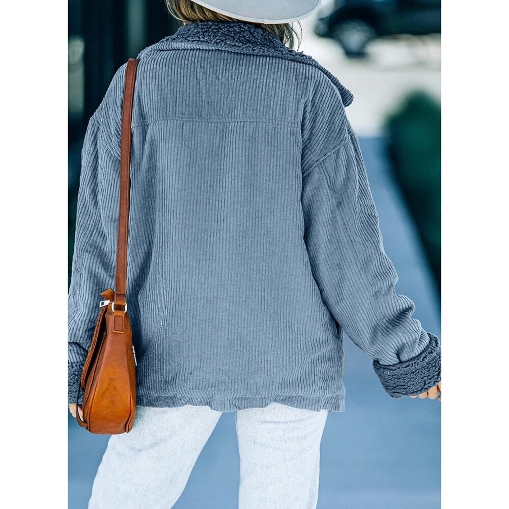 Women's A Sky Blue Jacket Vests Coat Fleece Fur Collar Button Down Winter Warm - Picture 2 of 5